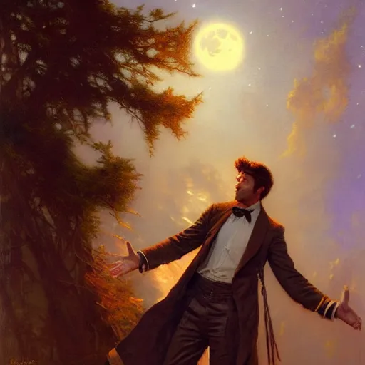 Image similar to attractive male wizard magically floating high in the night, fantasy, full moon in background. highly detailed painting by gaston bussiere, craig mullins, j. c. leyendecker, mid shot, 8 k