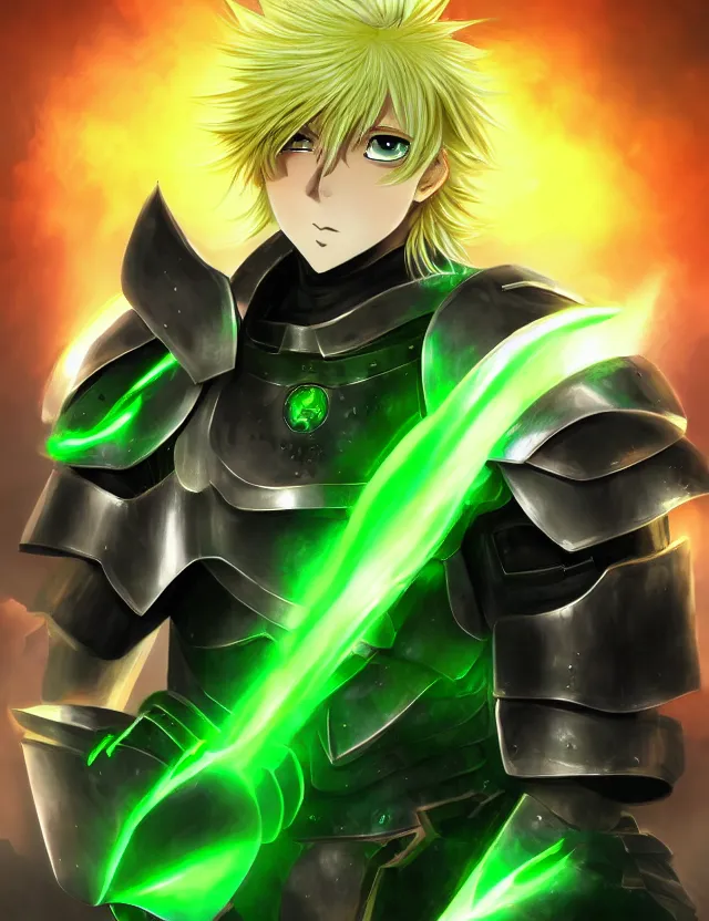 Image similar to an anime portrait of a blonde man with glowing green eyes in green plate armour glowing with green energy, trending on artstation, digital art, 4 k resolution, detailed, high quality, sharp focus, hq artwork, coherent, insane detail