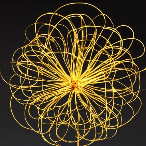 Prompt: a gigantic glowing golden wire sculpture of a flower, in a nebulous black sky