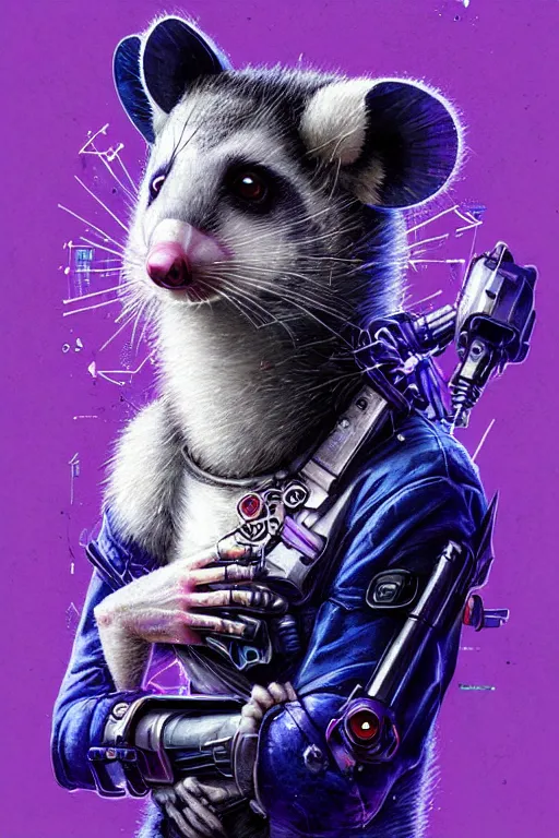 Image similar to a beautiful portrait of a cute cyberpunk opossum by sandra chevrier and greg rutkowski and wlop, purple blue color scheme, high key lighting, volumetric light, digital art, highly detailed, fine detail, intricate, ornate, complex, octane render, unreal engine, photorealistic