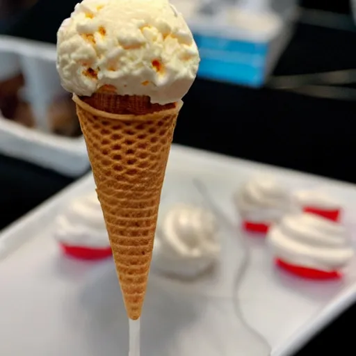 Prompt: a photograph of an ice cream cone skeleton in a miniature ice cream coffin.