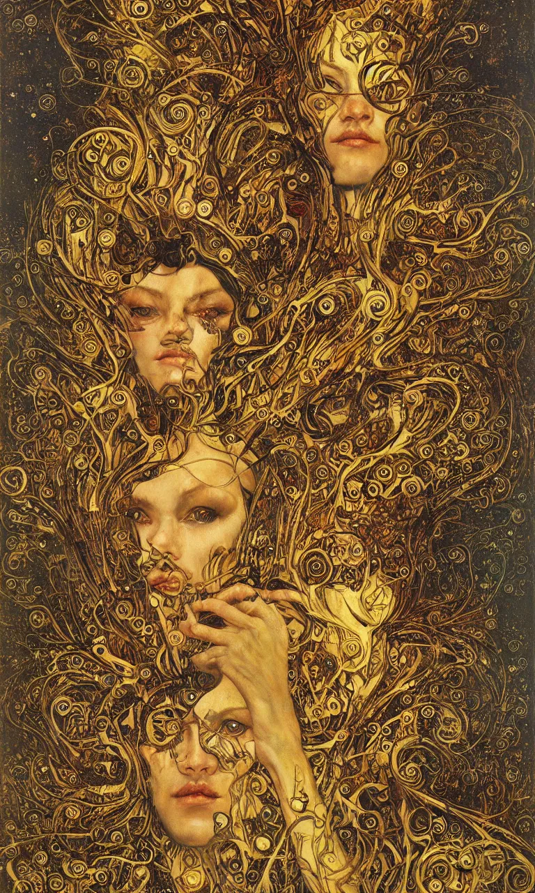 Image similar to Divine Chaos Engine portrait by Karol Bak, Jean Deville, Gustav Klimt, and Vincent Van Gogh, sacred geometry, visionary, mystic, fractal structures, ornate gilded medieval icon, spirals