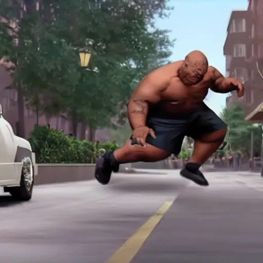 Image similar to mike tyson chasing an obese man through a street, hyper realistic, very realistic.