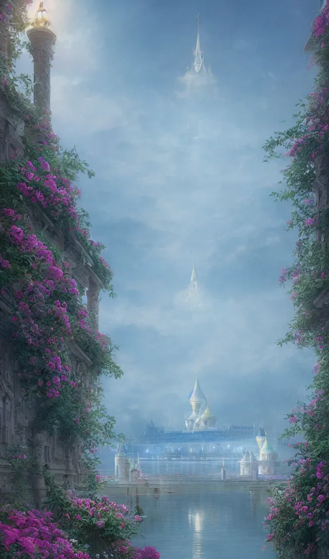 Image similar to vanishing point, palace like the kremlin in distance on a lake is covered with aqua blue roses, viewed from afar, stephen bliss, misty, unreal engine, fantasy art by greg rutkowski, loish, ferdinand knab, and lois van rossdraws,, global illumination, radiant light, minimalist, detailed and intricate environment