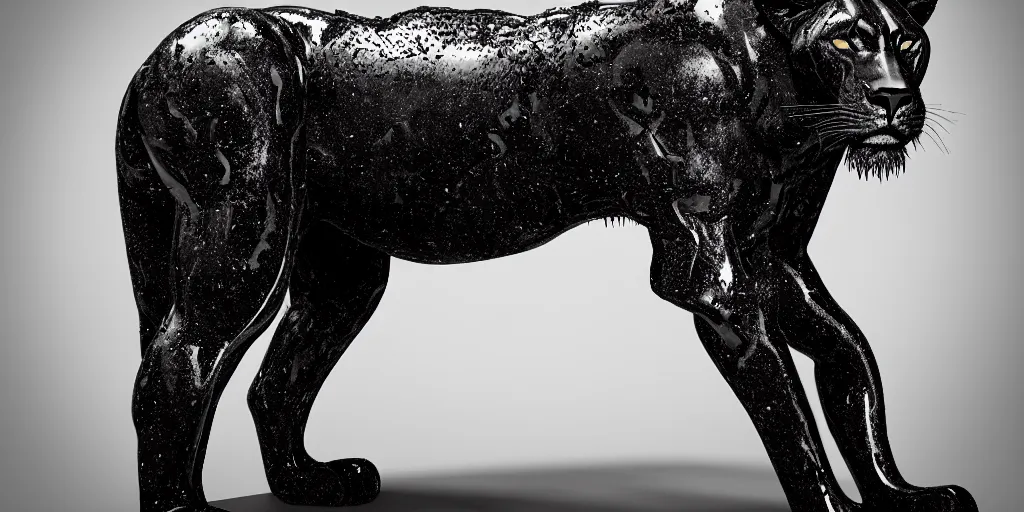 Image similar to a black lioness made of tar, bathing inside the bathtub full of tar, laying on their back, dripping ferrofluid, drooling ferrofluid. dslr, photography, realism, animal photography, modern bathroom, photorealistic, v - ray, goo, tar