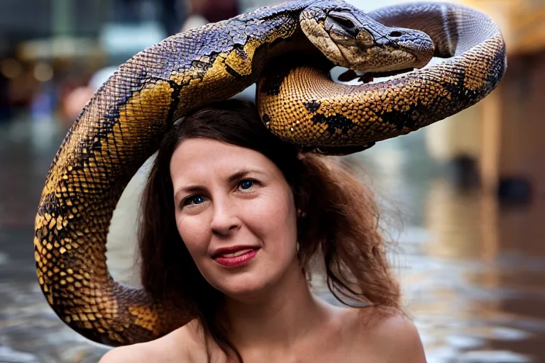 Image similar to closeup portrait of a woman carrying a python over her head in a flood in Rundle Mall in Adelaide in South Australia, photograph, natural light, sharp, detailed face, magazine, press, photo, Steve McCurry, David Lazar, Canon, Nikon, focus