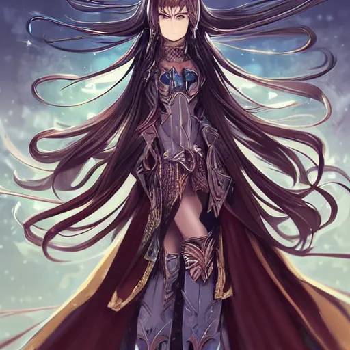 Image similar to “A hyper-detailed stunning and beautiful anime woman with brown flowing hair, long blue-cape, decorative leather armor, surrounded by a catacomb of books, Full-body character portrait, trending on artstation, by rossdraws”