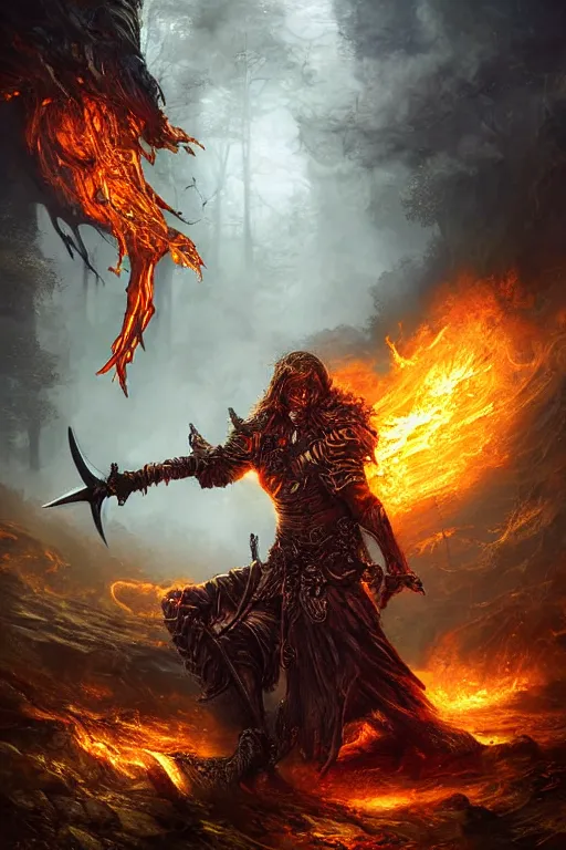 Prompt: highly detailed elden ring portrait photo of a flamewalker wielding a sword in a scenic dystopian environment, hyperrealistic illustration by william didier - pouget