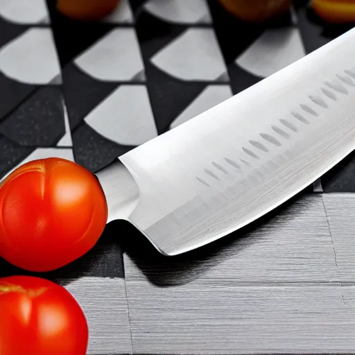 Prompt: ultra realistic titanium handled kitchen knife laying on a chess board with a sliced tomato