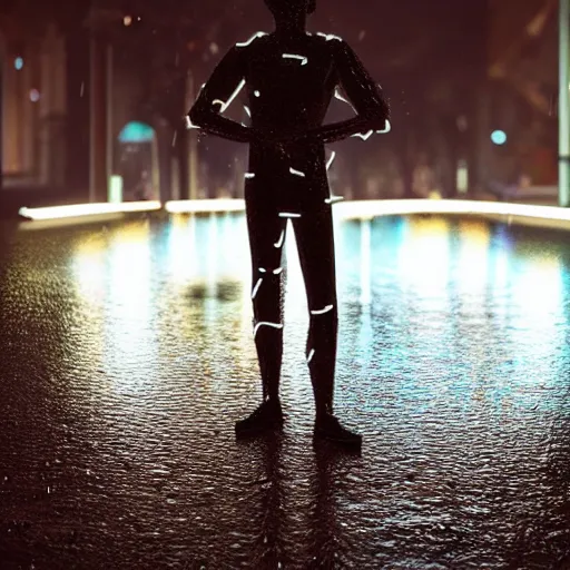 Image similar to a human made out of rain, neon, rendered in octane, unreal engine, highly detailed, realistic, beautiful, emotional