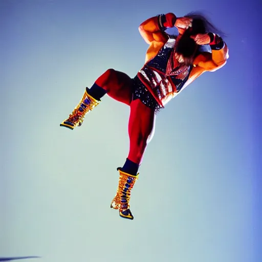 Image similar to Macho Man Randy Savage performing elbow drop from space. Wide angle. Low perspective. High Quality, Sports photography. NASA