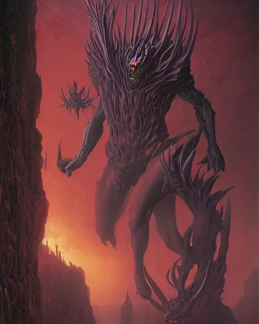 Image similar to a huge humanoid demon by BROM, Thomas Cole and Wayne Barlowe