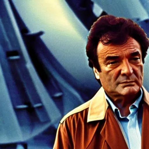 Prompt: Columbo investigating on the bridge of the star ship Enterprise, still from 90s tv-show, —width 720