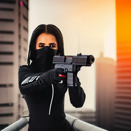 Image similar to photographic portrait of a techwear woman holding a Glock 18, closeup, on the rooftop of a futuristic city at night, sigma 85mm f/1.4, 4k, depth of field, high resolution, 4k, 8k, hd, full color