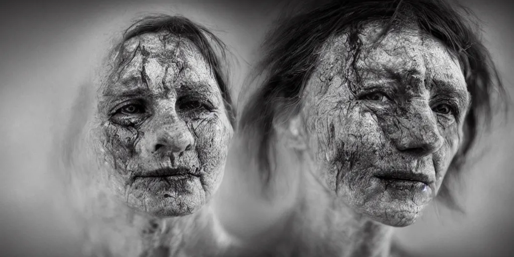 Prompt: old alpine female famer face, scars, smeared with oil and dust, sad face expression, centered, no repition, dark, looking in camera, black and white, dolomites in background, crying, missing teeth, little hair, dolomites, dark, eerie, despair, portrait photography, artstation, digital art, adward winning