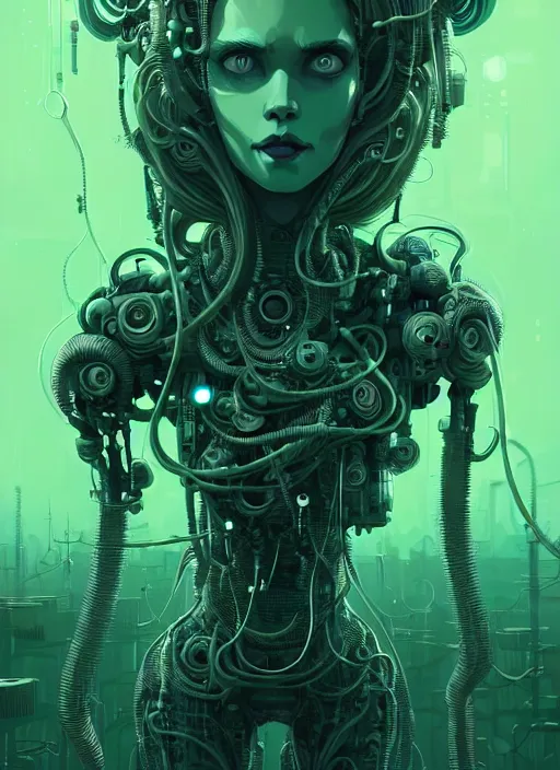 Image similar to highly detailed portrait of a biopunk long curly white hair tribal lady, stray wiring by atey ghailan, james gilleard, by joe fenton, by greg rutkowski, by greg tocchini, by kaethe butcher, 4 k resolution, gradient green, black and white color scheme!!! ( ( green caustic robotic dystopian city background ) )