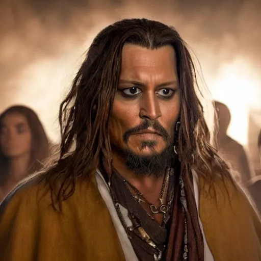 Image similar to stunning awe inspiring johnny depp as the jesus christ, movie still 8 k hdr atmospheric lighting