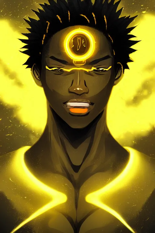 Image similar to glowing black male anime character, golden hair, yellow eyes, symmetrical, highly detailed, digital art, sharp focus, trending on art station, crazy hair, electricity superpowers, anime art style