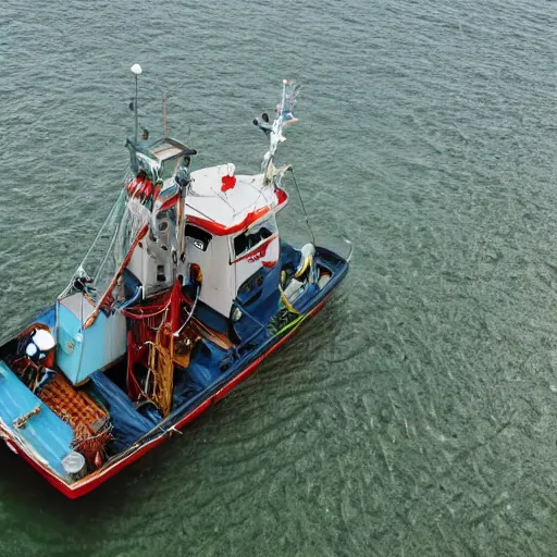 Prompt: very very realistic aerial drone shot of British fishing trawler