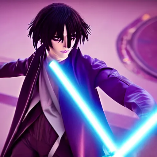 Prompt: eccentric Lelouch Lamperouge holding a lightsaber, mysterious man, octane 8k, aesthetic cyberpunk, lightsaber duel, 2022, beautiful reflections, octane render, purple lightsaber