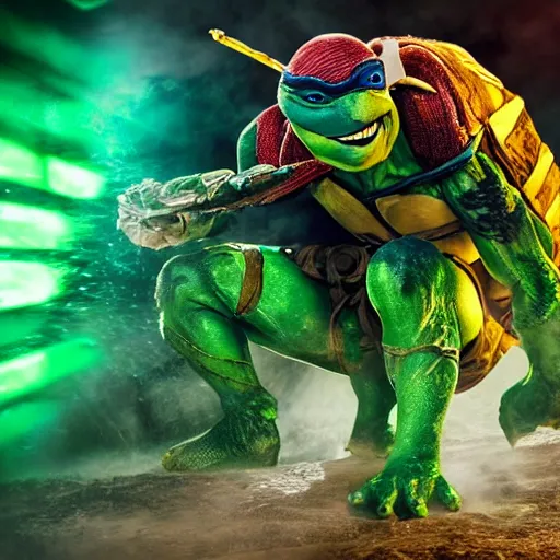 Image similar to teenage mutant ninja turtle, epic action movie still, hyper realistic award winning creature photography, epic volumetric lighting, glowing border of green radioactive Ooze dripping around frame, detailed face, golden ratio