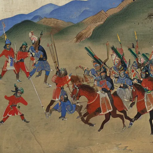 Prompt: Mongol Khan ambushes a column of Song Dynasty soldiers in the mountains