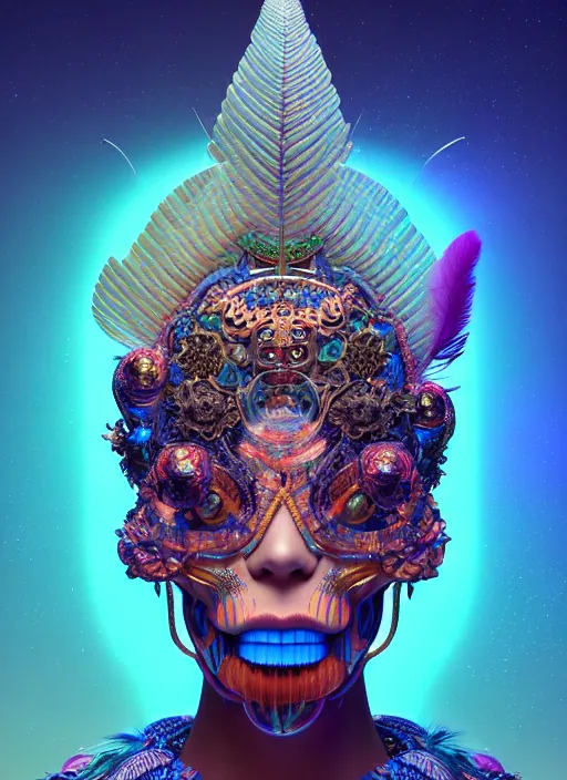 Prompt: 3 d goddess portrait, 8 k micro details global illumiantion beautiful intricate highly detailed quetzalcoatl skull and feathers. bioluminescent, plasma, fire, snow, water, wind, creature, thunderstorm! artwork by tooth wu and wlop and beeple and greg rutkowski, trending on artstation,