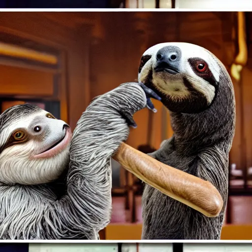 Image similar to sloth fighting a pigeon kung fu style s in a dojo, facing each other, aggressive sloth vs a muscled pigeon, best photo award, high quality 8 k, cinematic lighting, painting by kusama