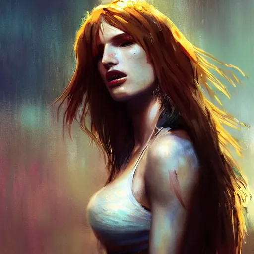 Image similar to bella thorne wearing crop top, hyperrealistic full figure, bladerunner street alley, art of elysium by frank frazetta and by jeremy mann, fantasy art, photo realistic, dynamic lighting, artstation, full figure poster, volumetric lighting, very detailed face, 4 k, award winning