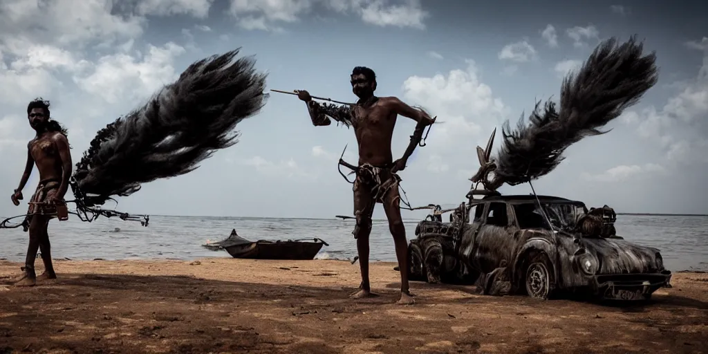 Image similar to sri lankan mad max style on boats, ocean, film still, epic shot cinematography, rule of thirds