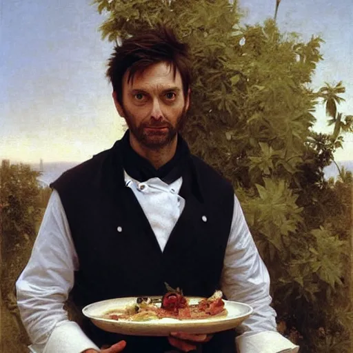 Image similar to David Tennant as a chef, detailed oil painting by Bouguereau