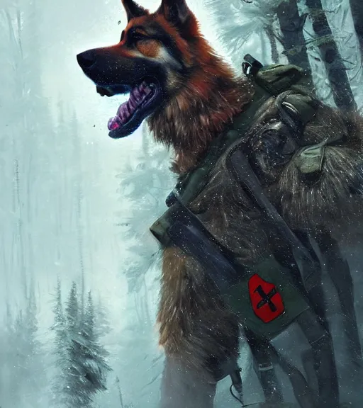 Image similar to Norwegian forest war action portrait of furry anthro anthropomorphic german shepard head animal person fursona wearing clothes modern soldier tactical digital art by Greg Rutkowski, Simon Stalenhag, trending on Artstation, CGSociety