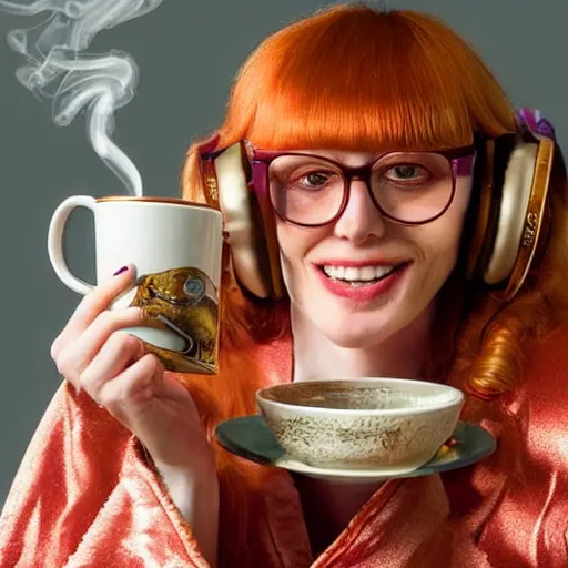 Prompt: a stunning hyper-detailed closeup portrait photo of a beautiful smiling retro-bespectacled woman with long ginger hair and bangs, wearing a luxurious robe, wearing steampunk headphones and posing with her handsome ginger tabby cat and raccoons and parrots in an overstuffed easy chair in her sunlit victorian living room, holding a coffee cup and a donut and smoking an elaborate hookah, perfect eyes, octane render, unreal engine, 85 mm lens,