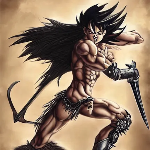 Prompt: realistic art style, warrior girl, muscular girl, wild spiky black saiyan hair, long spiky hair, electrified hair, holding scimitar made of bone, scimitar, sword, jagged sword, curved sword, orkish sword, colorized, gray skin, hyper - detailed, primeval fantasy, prehistoric fantasy, art by jacques - louis david