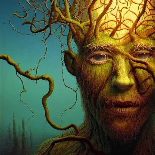 Image similar to masterpiece closeup portrait of Tree Plant-Person in a surreal dream landscape, cinematic lighting, Michael Whelan