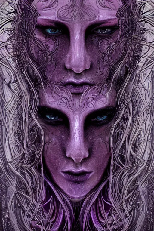 Image similar to Elden Ring themed painting of majestic chromatic purple-eyed girl with thin purple tentacles on her head beautiful ethereal angel symmetrical neutral black metal closeup face tattoo pattern golden ratio concept, Neo-Gothic concept, infinity glyph waves, intricate artwork masterpiece, very coherent artwork, cinematic, full frontal facial features by Artgerm, art by H.R. Giger, Joseph Michael Linsner, Zdizslaw Beksinski, Johnatan Wayshak, Moebius, Ayami Kojima, very anatomically coherent artwork, trending on cgsociety, ultra high quality model, production quality cinema model, high detail chromatic ink outline, octane render, unreal engine 8k, hyper realism, high detail, octane render, unreal engine, 8k, High contrast