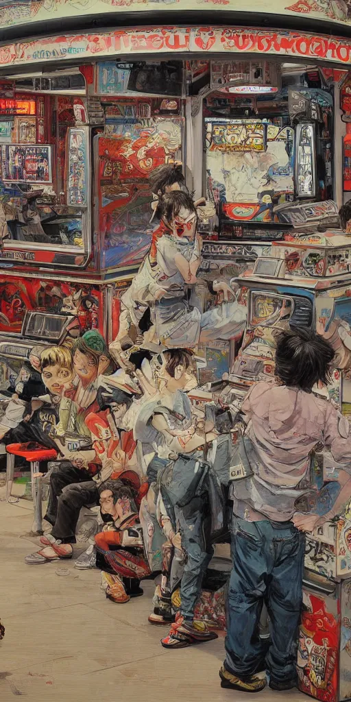 Image similar to oil painting scene from amusement arcade by kim jung gi