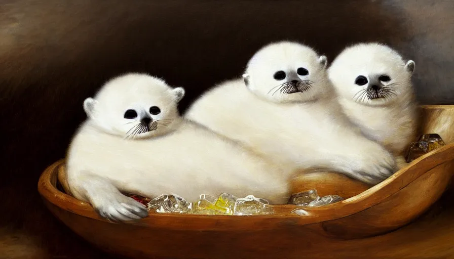 Image similar to highly detailed painting of cute furry white baby seals cuddling up in a fruit bowl with ice by william turner, thick brush strokes and visible paint layers, 4 k resolution