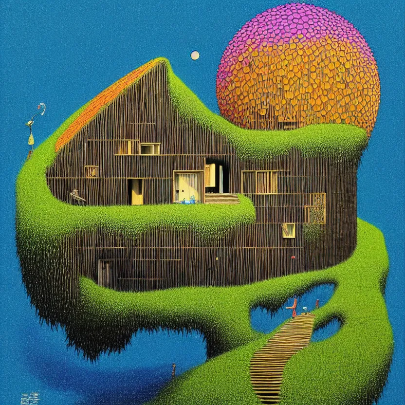 Image similar to surreal glimpse into other universe, a house by kengo kuma on an island, summer morning, very coherent and colorful high contrast, art by!!!! gediminas pranckevicius!!!!, geof darrow, floralpunk screen printing woodblock, dark shadows, hard lighting, stipple brush technique,