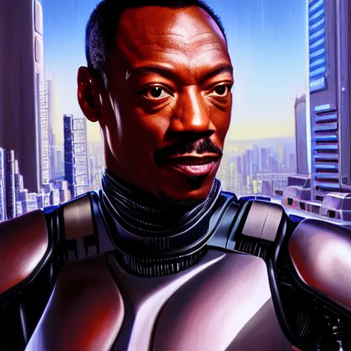 Image similar to epic painting of Cyberpunk Eddie Murphy as Beverly Hills Robocop, soft details, extremely detailed and coherent, matte painting oil on canvas by mark arian by artgerm, 4k, 8k, HD, trending on artstation