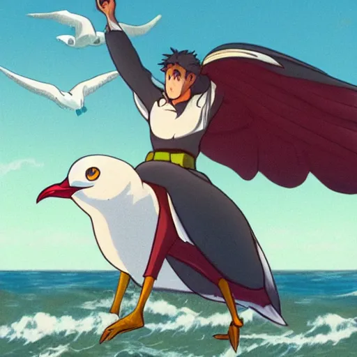 Image similar to a man riding a seagull into battle, anime