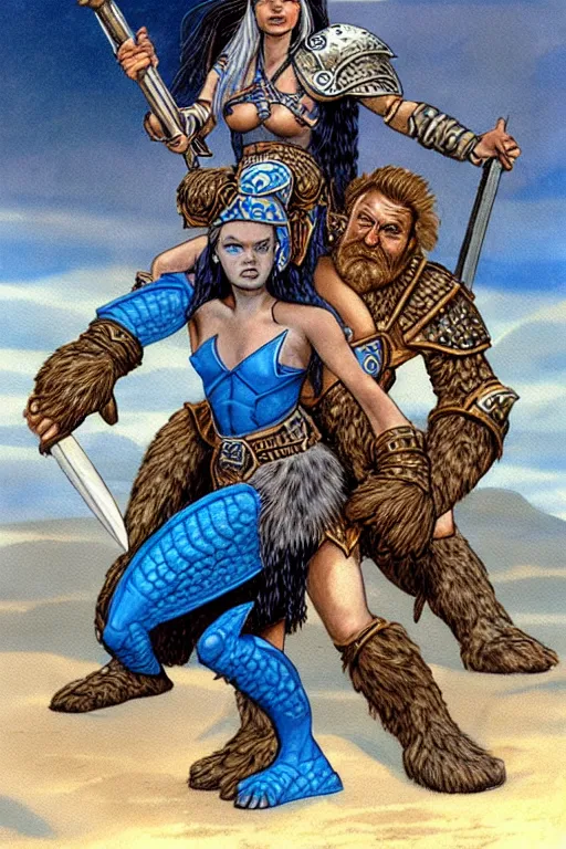Prompt: a small blue-skinned triton girl wearing scale armor riding on a the shoulders of a large male goliath wearing fur and leather armor, dnd concept art, painting by Larry Elmore