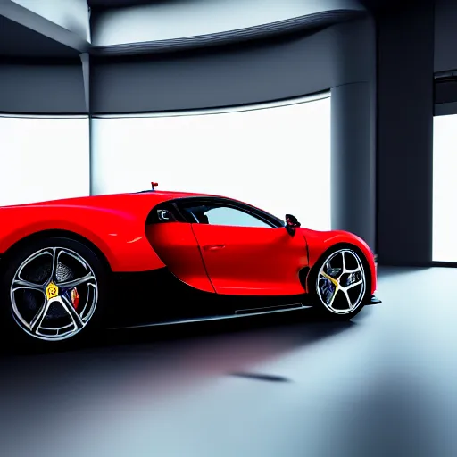 Image similar to still photo of bugatti chiron and ferrari laferrari hybrid, highly detailed, photorealistic portrait, bright studio setting, studio lighting, crisp quality and light reflections, unreal engine 5 quality render