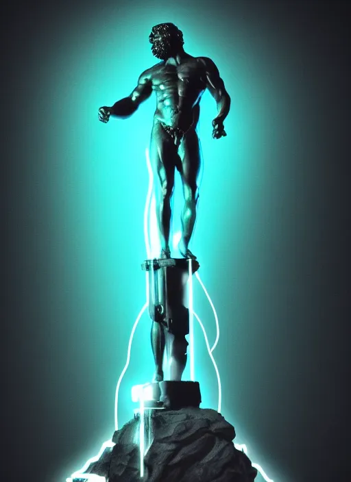 Image similar to statue of hercules looking angry, beeple, vaporwave, retrowave, black background, neon wiring, black, glitch, strong contrast, pinterest, trending on artstation