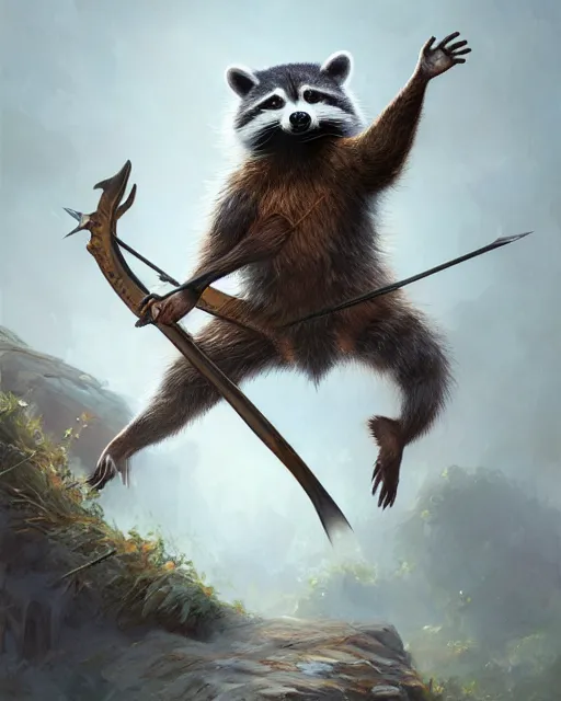 Prompt: oil painting of Anthropomorphized Racoon, holding bow, hunter coat, proud look, full body, sharp focus, fantasy style, octane render, volumetric lighting, 8k high definition, by greg rutkowski, highly detailed, trending on art Station, woodland backround