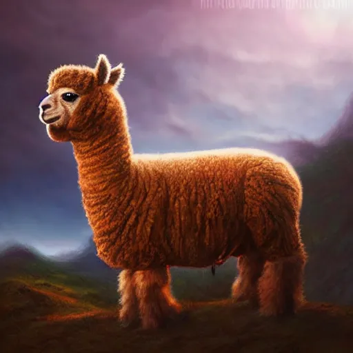 Prompt: alpaca with dreadlocks, heroic pose, dramatic lighting, volumetric lighting, by Noah Bradley