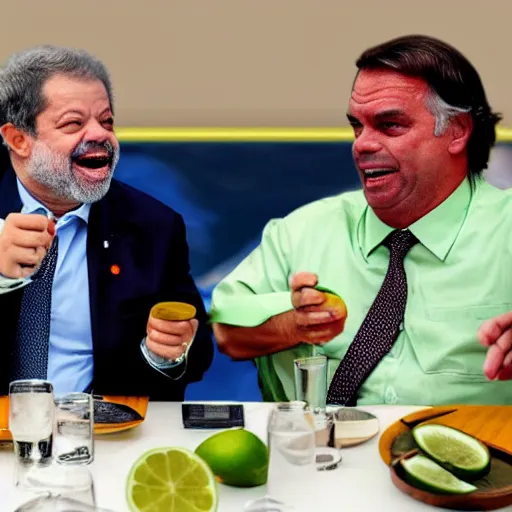 Image similar to Luis Inacio Lula da Silva and Bolsonaro drinking a caipirinha together realistic, 4k image, news, notícia