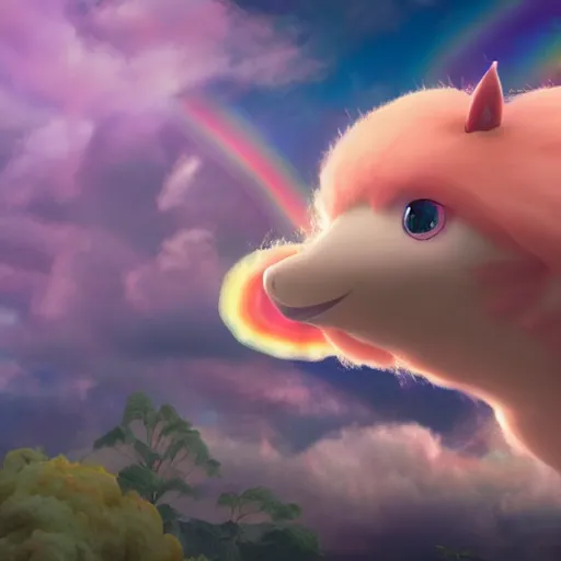 Image similar to cutest huge fantasy cloud animal, with sprouting rainbow hair, hd, japanese anime artist drawn, dlsr, dream animal cute eyes, trending on artstation, cotton candy, octane render, cinematic