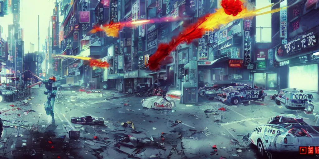 Prompt: 1991 Video Game Screenshot, Anime Neo-tokyo Cyborg bank robbers vs police shootout, bags of money, Police officer hit, Bullet Holes and Blood Splatter, Hostages, Smoke Grenade, Cyberpunk, Anime VFX, Violent, Action, Fire fight, FLCL, Free-fire, Highly Detailed, 8k :4 by Katsuhiro Otomo + Studio Gainax + Arc System Works : 8