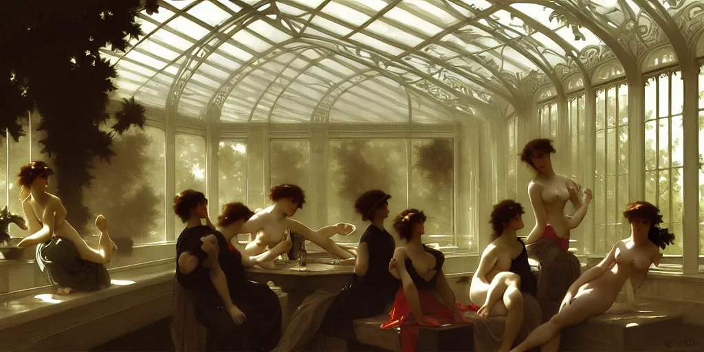 Prompt: artgerm, william - adolphe bouguereau style, long shot of bright sun of an art nouveau style conservatory, atmospheric, highly detailed, 1 9 2 0's style speakeasy, digital painting, artstation, concept art, smooth, sharp focus, illustration,